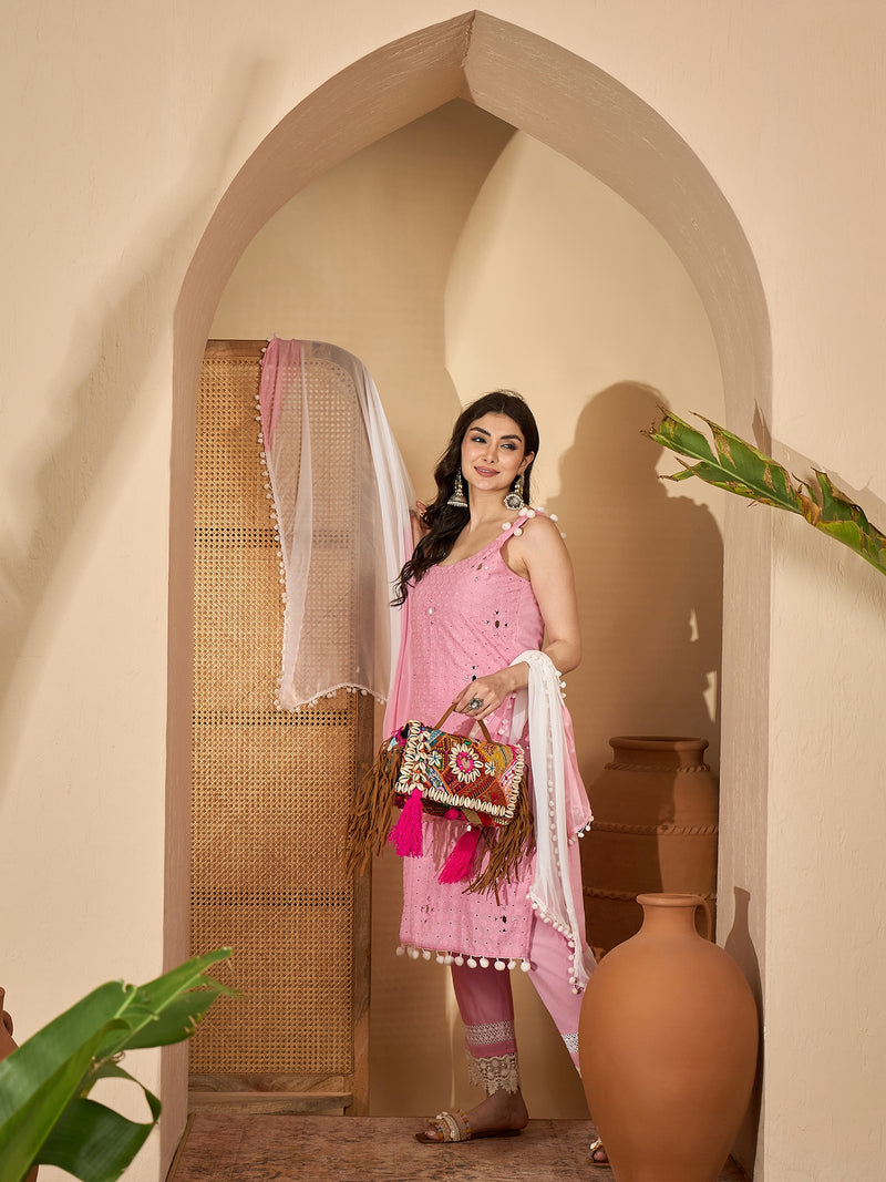 Pure Cotton Sholder Strap Straight Kurta With Pant & Dupatta Kurta Set