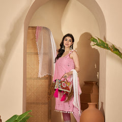 Pure Cotton Sholder Strap Straight Kurta With Pant & Dupatta Kurta Set
