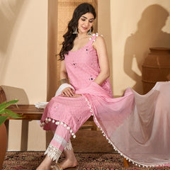Pure Cotton Sholder Strap Straight Kurta With Pant & Dupatta Kurta Set