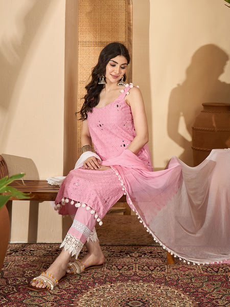 Pure Cotton Sholder Strap Straight Kurta With Pant & Dupatta Kurta Set