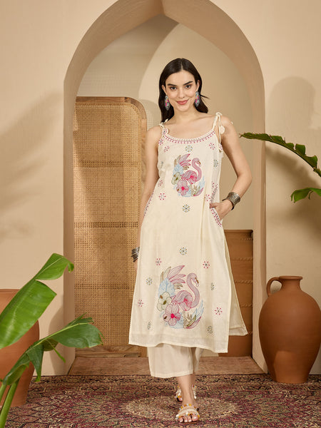 Pure Cotton Embroidered Shoulder Strap Kurta With Pant & Dupatta Kurta Set
