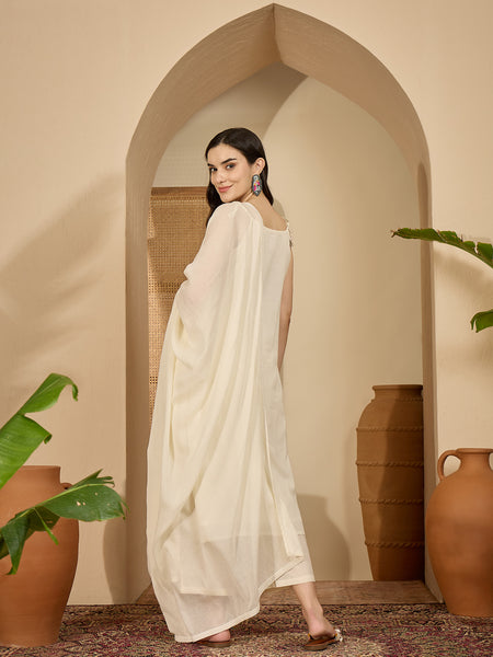 Pure Cotton Embroidered Shoulder Strap Kurta With Pant & Dupatta Kurta Set