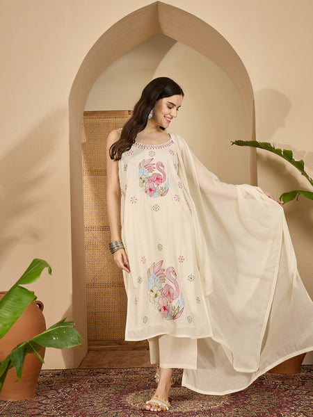 Pure Cotton Embroidered Shoulder Strap Kurta With Pant & Dupatta Kurta Set