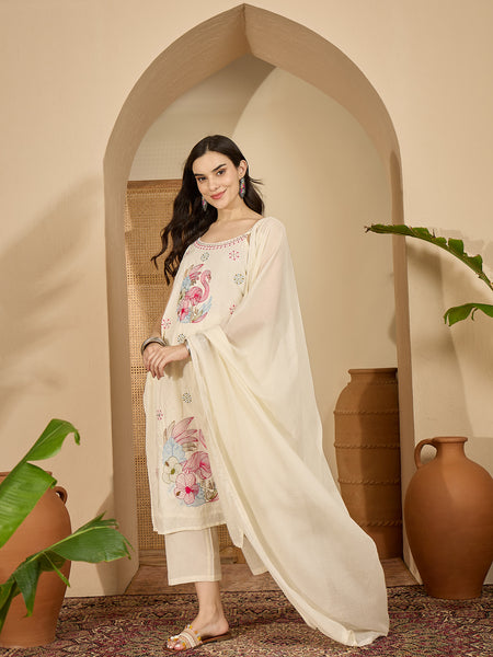 Pure Cotton Embroidered Shoulder Strap Kurta With Pant & Dupatta Kurta Set