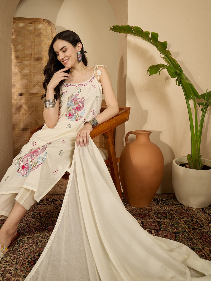 Pure Cotton Embroidered Shoulder Strap Kurta With Pant & Dupatta Kurta Set