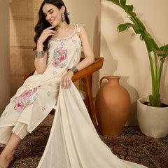Pure Cotton Embroidered Shoulder Strap Kurta With Pant & Dupatta Kurta Set