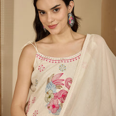 Pure Cotton Embroidered Shoulder Strap Kurta With Pant & Dupatta Kurta Set