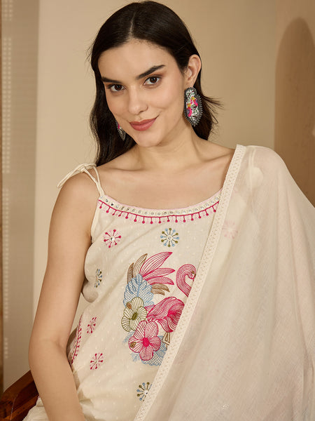 Pure Cotton Embroidered Shoulder Strap Kurta With Pant & Dupatta Kurta Set