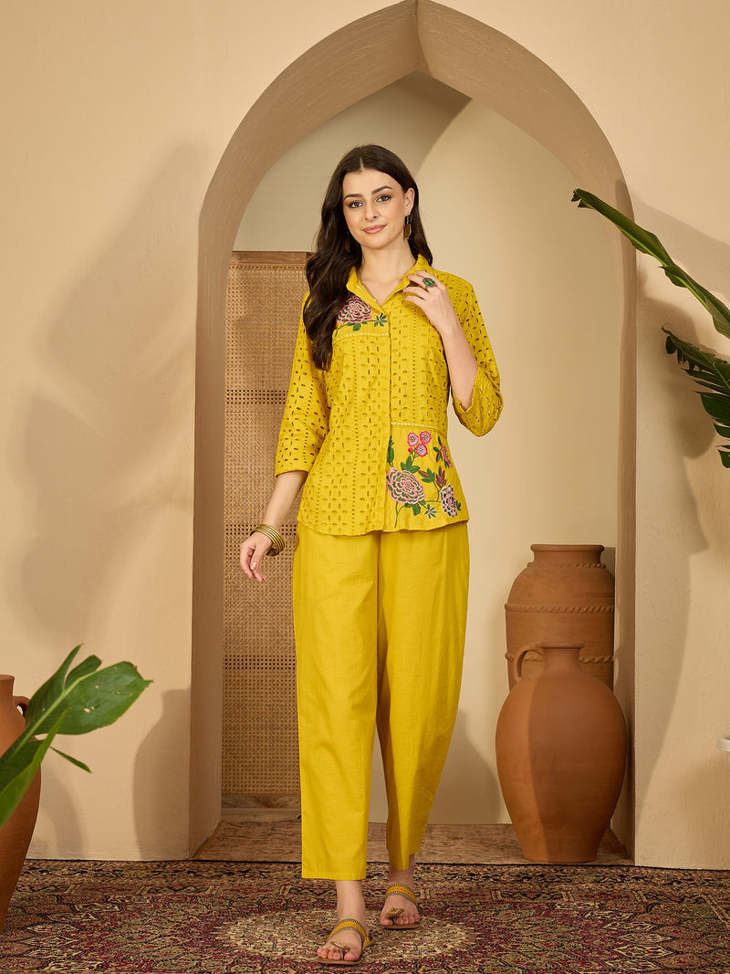 Pure Cotton Floral Embroidered Tunic With Trousers Co-Ords Set