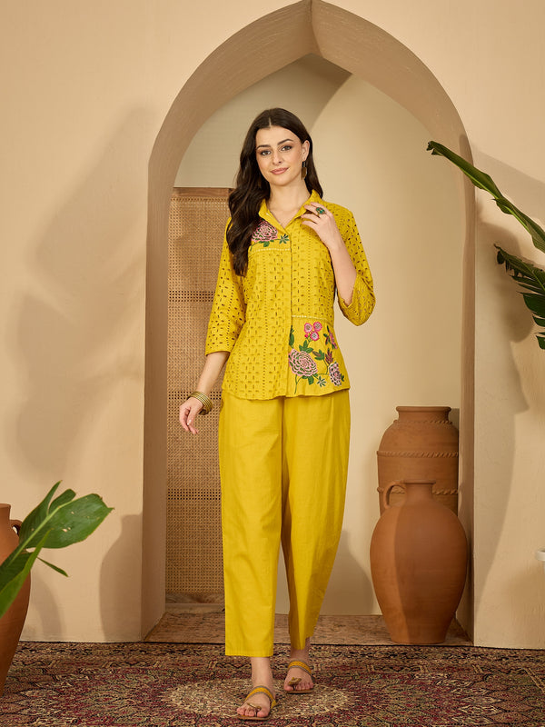 Pure Cotton Floral Embroidered Tunic With Trousers Co-Ords Set
