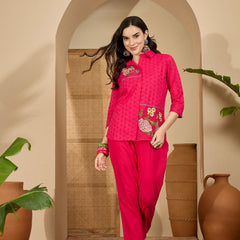 Pure Cotton Floral Embroidered Tunic With Trousers Co-Ords Set