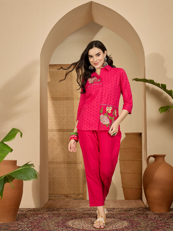 Pure Cotton Floral Embroidered Tunic With Trousers Co-Ords Set