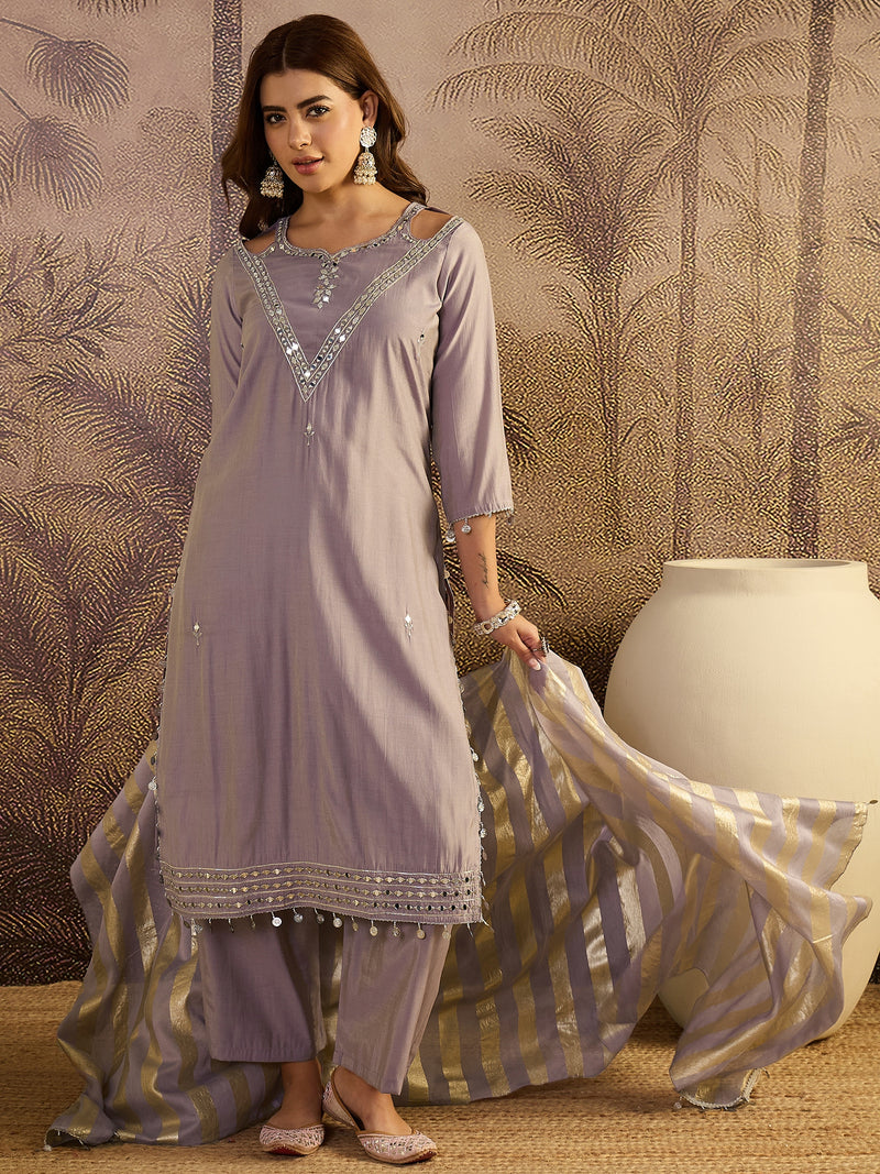 Sequin Embroidered Straight Kurta With Trouser & Dupatta