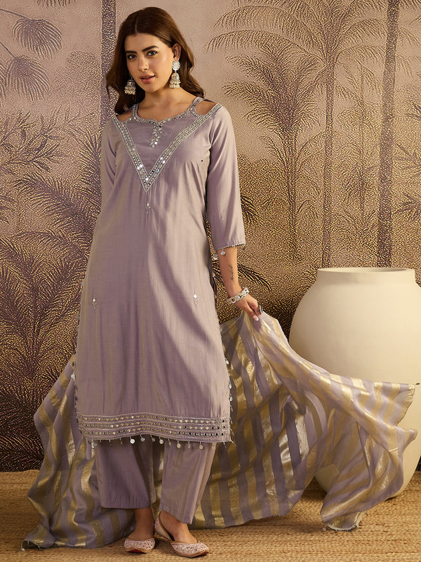 Sequin Embroidered Straight Kurta With Trouser & Dupatta