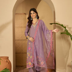 Purple Floral Embroidered Straight Kurta With Palazzo & Dupatta