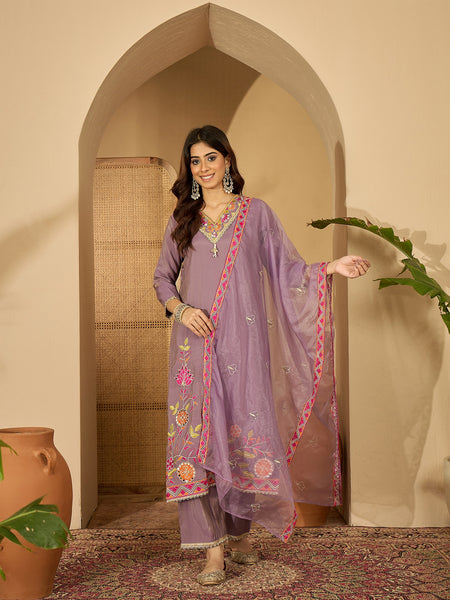 Purple Floral Embroidered Straight Kurta With Palazzo & Dupatta