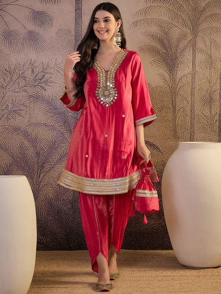 Mirror Work A-Line Kurta with Dhoti Pant & Bags Kurta Set