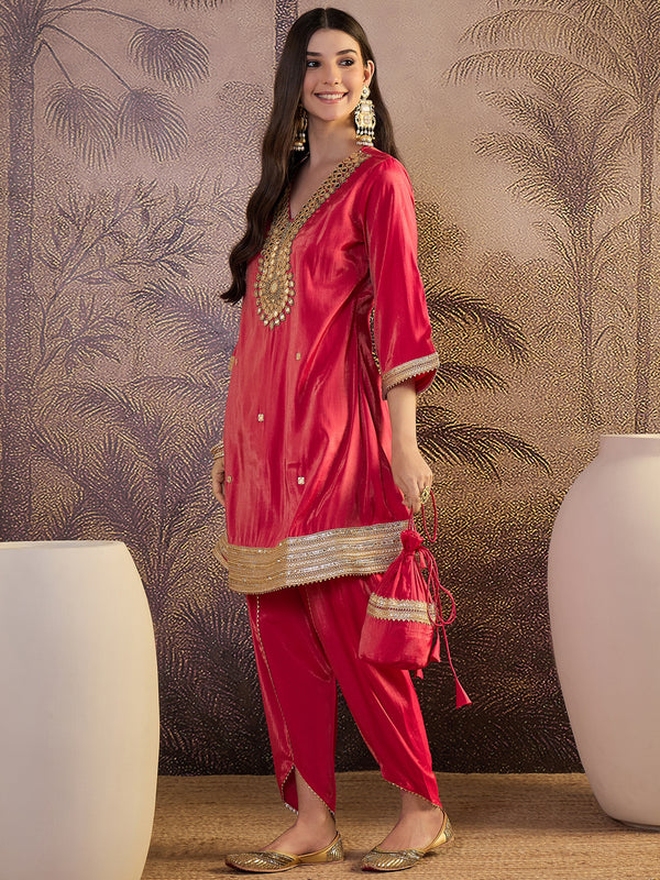 Mirror Work A-Line Kurta with Dhoti Pant & Bags Kurta Set