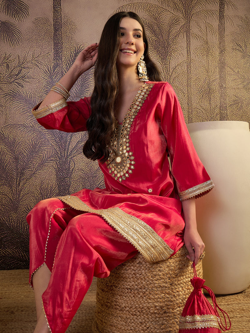 Mirror Work A-Line Kurta with Dhoti Pant & Bags Kurta Set