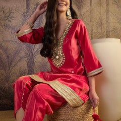 Mirror Work A-Line Kurta with Dhoti Pant & Bags Kurta Set