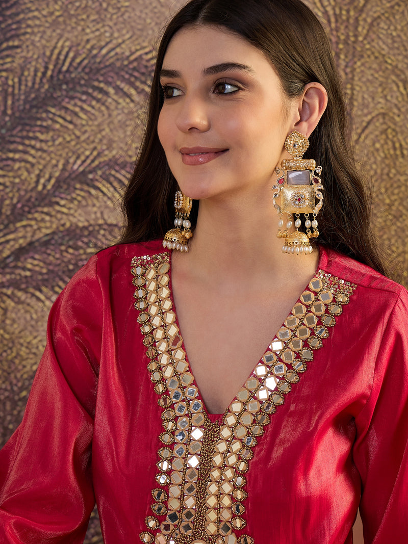 Mirror Work A-Line Kurta with Dhoti Pant & Bags Kurta Set