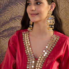 Mirror Work A-Line Kurta with Dhoti Pant & Bags Kurta Set