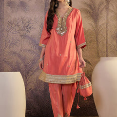 Mirror Work A-Line Kurta with Dhoti Pant & Bags Kurta Set