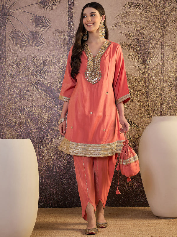 Mirror Work A-Line Kurta with Dhoti Pant & Bags Kurta Set