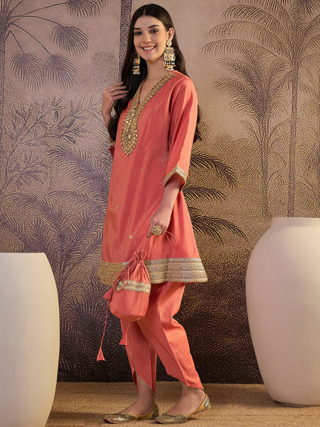 Mirror Work A-Line Kurta with Dhoti Pant & Bags Kurta Set