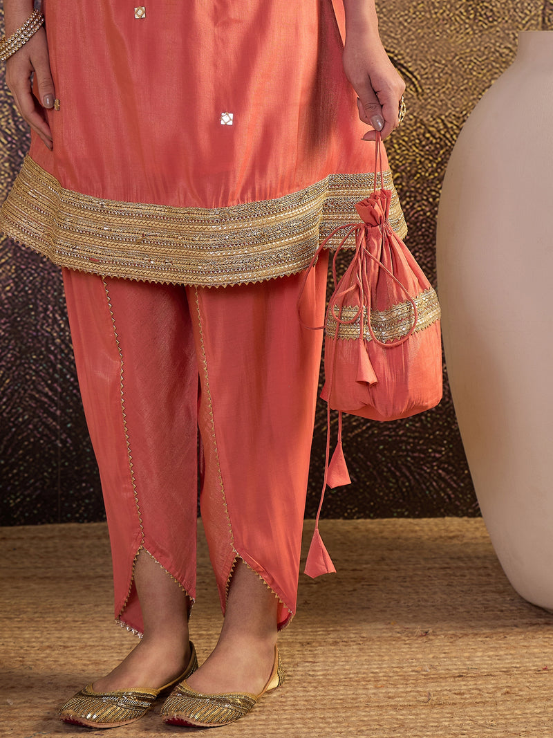 Mirror Work A-Line Kurta with Dhoti Pant & Bags Kurta Set