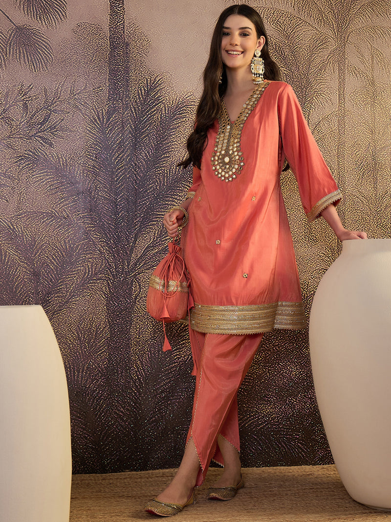 Mirror Work A-Line Kurta with Dhoti Pant & Bags Kurta Set