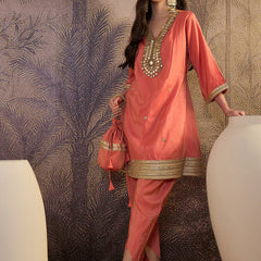 Mirror Work A-Line Kurta with Dhoti Pant & Bags Kurta Set