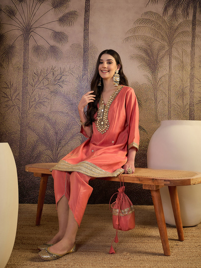 Mirror Work A-Line Kurta with Dhoti Pant & Bags Kurta Set