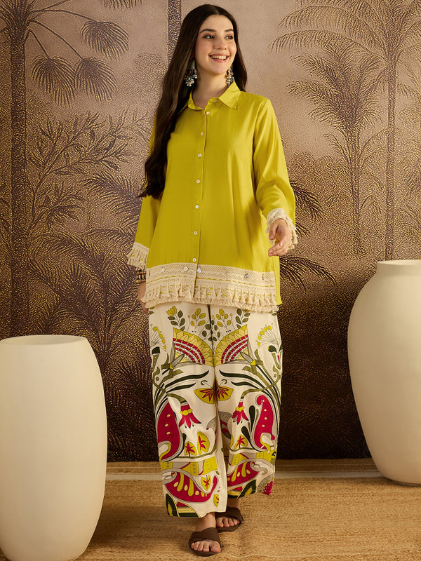 Parrot Green Lace Work Tunic With Printed Pallazo Co-Ords Set