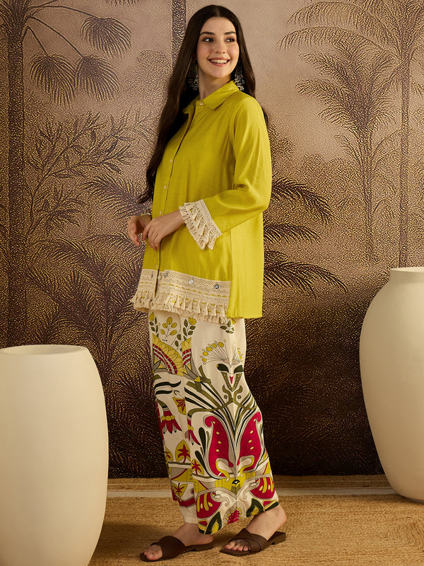 Parrot Green Lace Work Tunic With Printed Pallazo Co-Ords Set