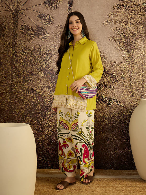 Parrot Green Lace Work Tunic With Printed Pallazo Co-Ords Set