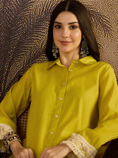 Parrot Green Lace Work Tunic With Printed Pallazo Co-Ords Set