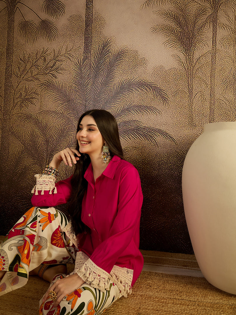 Lace Work Tunic With Printed Palazzo Co-Ords Set