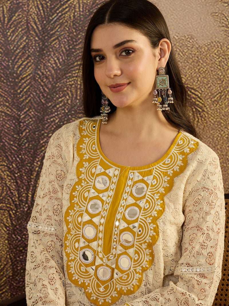 Cotton Schiffli Mirror Work A-Line Kurta With Trouser With Bags Kurta Set