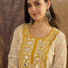 Cotton Schiffli Mirror Work A-Line Kurta With Trouser With Bags Kurta Set
