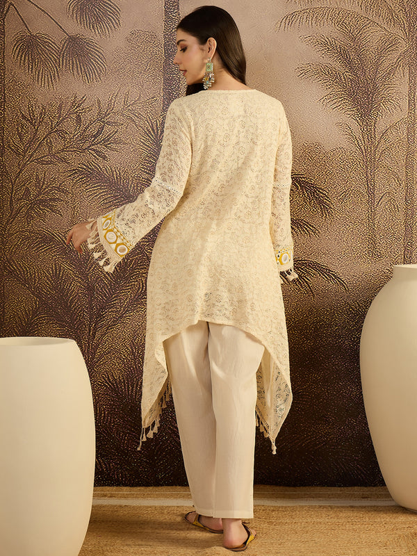 Cotton Schiffli Mirror Work A-Line Kurta With Trouser With Bags Kurta Set