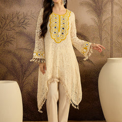 Cotton Schiffli Mirror Work A-Line Kurta With Trouser With Bags Kurta Set