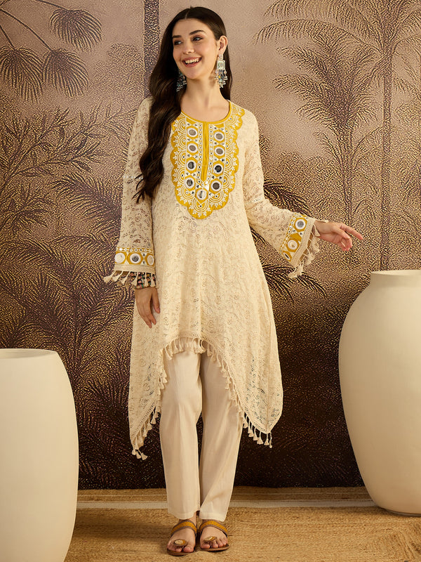 Cotton Schiffli Mirror Work A-Line Kurta With Trouser With Bags Kurta Set