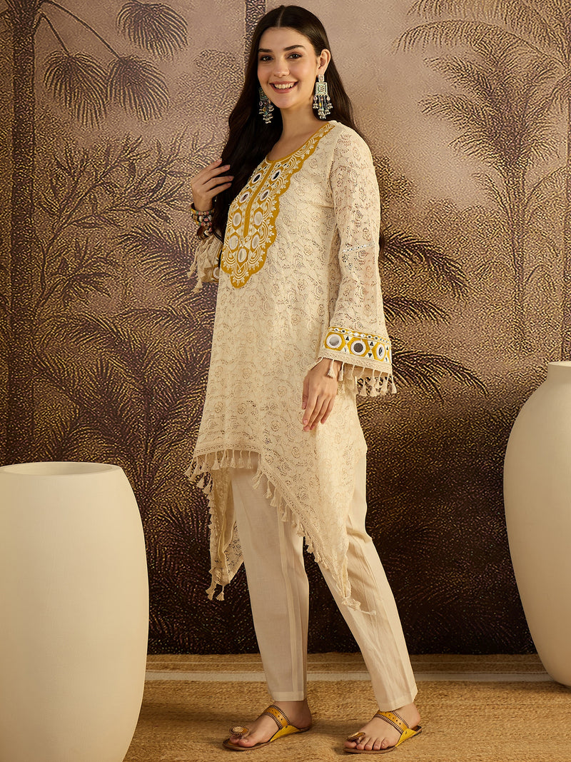 Cotton Schiffli Mirror Work A-Line Kurta With Trouser With Bags Kurta Set