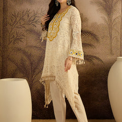 Cotton Schiffli Mirror Work A-Line Kurta With Trouser With Bags Kurta Set