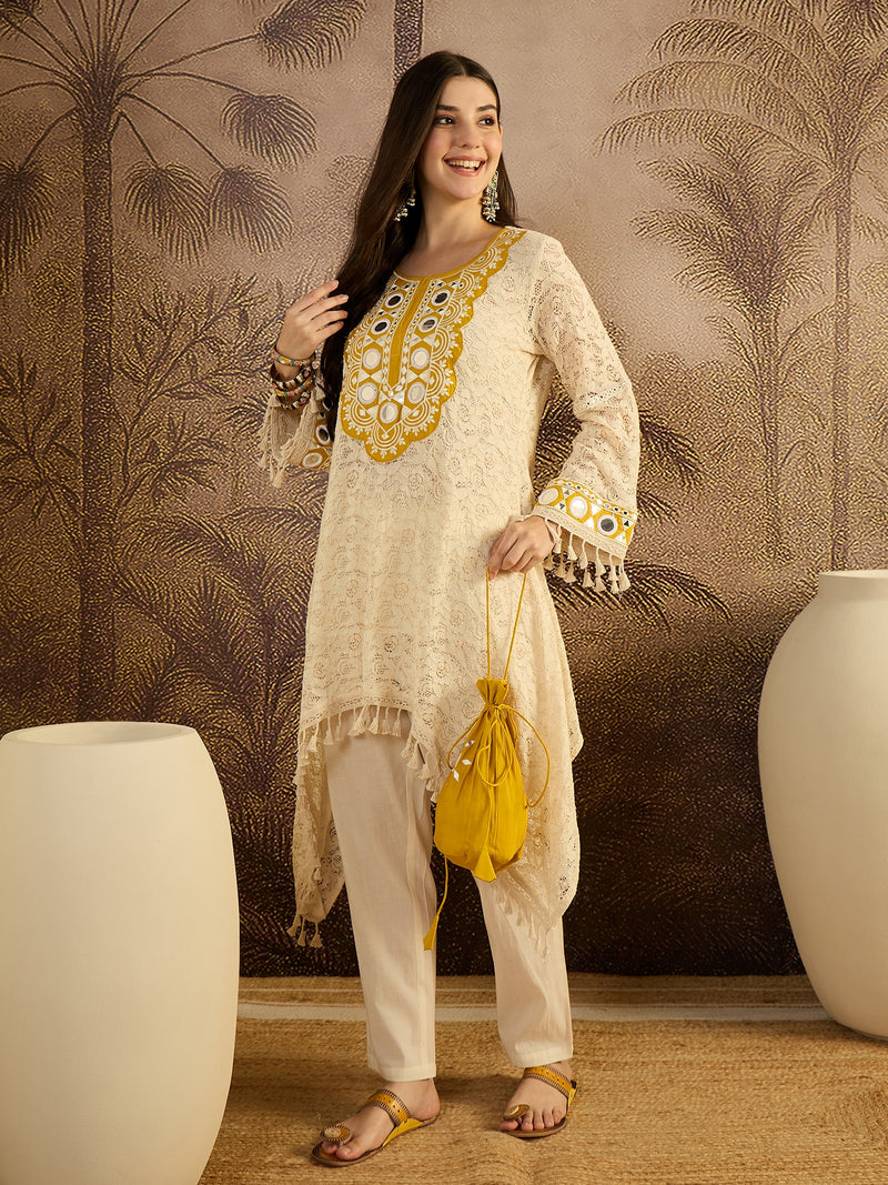 Cotton Schiffli Mirror Work A-Line Kurta With Trouser With Bags Kurta Set