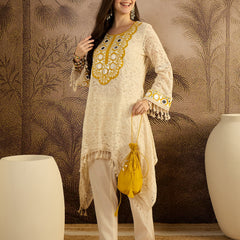 Cotton Schiffli Mirror Work A-Line Kurta With Trouser With Bags Kurta Set