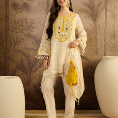 Cotton Schiffli Mirror Work A-Line Kurta With Trouser With Bags Kurta Set