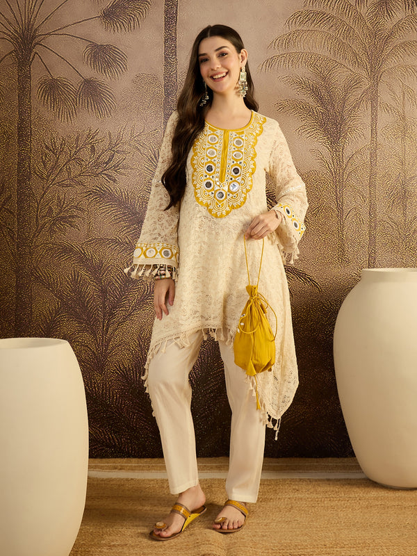 Cotton Schiffli Mirror Work A-Line Kurta With Trouser With Bags Kurta Set
