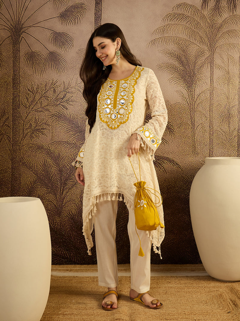 Cotton Schiffli Mirror Work A-Line Kurta With Trouser With Bags Kurta Set